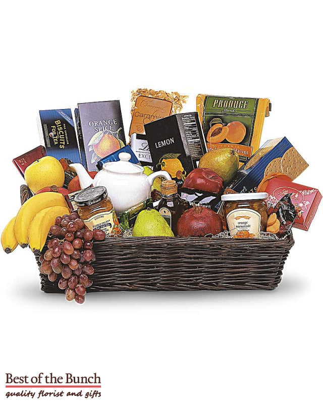 Gourmet Snacks With Fruit & Tea Pot Fruit gift baskets delivery Wellington. fruit gift baskets, tea gift boxes and tea gift hampers delivered same day in Wellington & New Zealand wide order online.