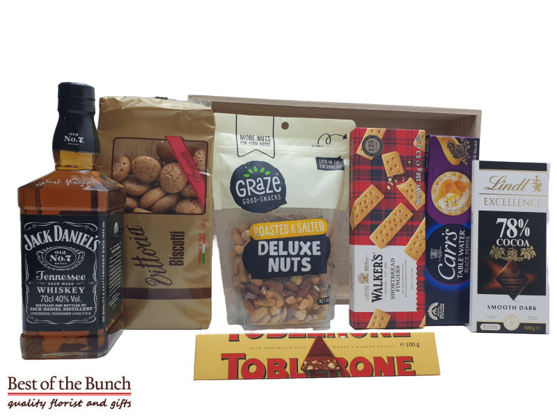 Jack Daniel's Tennessee American whiskey with matching chocolates & snacks gift box same day delivery Wellington delivered. Jack Daniels Whiskey gift ideas gift boxes gift baskets and gift hampers for dad for him for fathers day for birthdays delivered same day in Wellington & New Zealand wide order online.