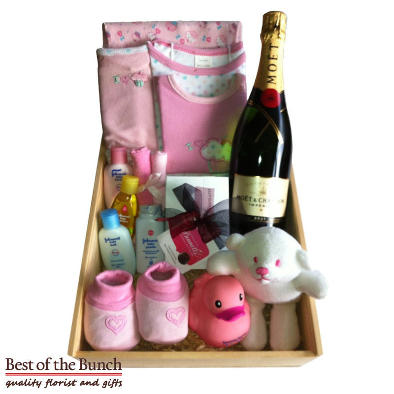 New baby girl quality cotton gift box gift set and gift basket gift hamper delivered Wellington same day delivery. New baby girl gift box gift set gift basket and gift hamper ideas for new baby girls and new parents gift ideas shop online. New baby girl gift box gift set gift baskets gift boxes and gift hampers for mum and dad NZ.