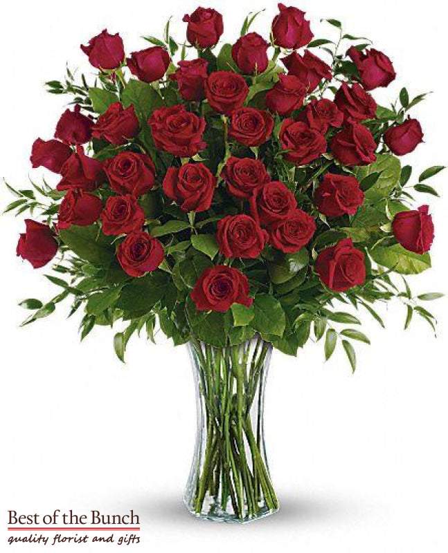 Valentine's Day Flowers 36 Long Stemmed Red Roses (40cm) - Best of the Bunch Florist Wellington