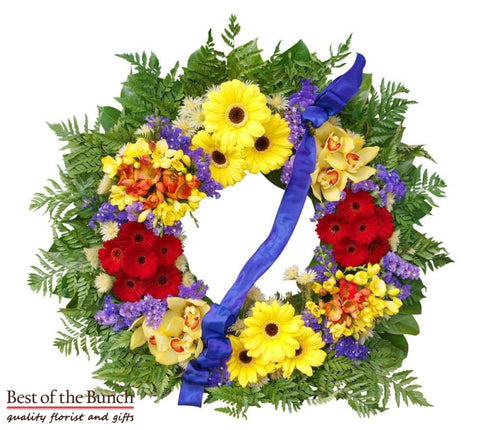 Wreath Sympathy NZ Yellow and Red Fern - Best of the Bunch Florist Wellington