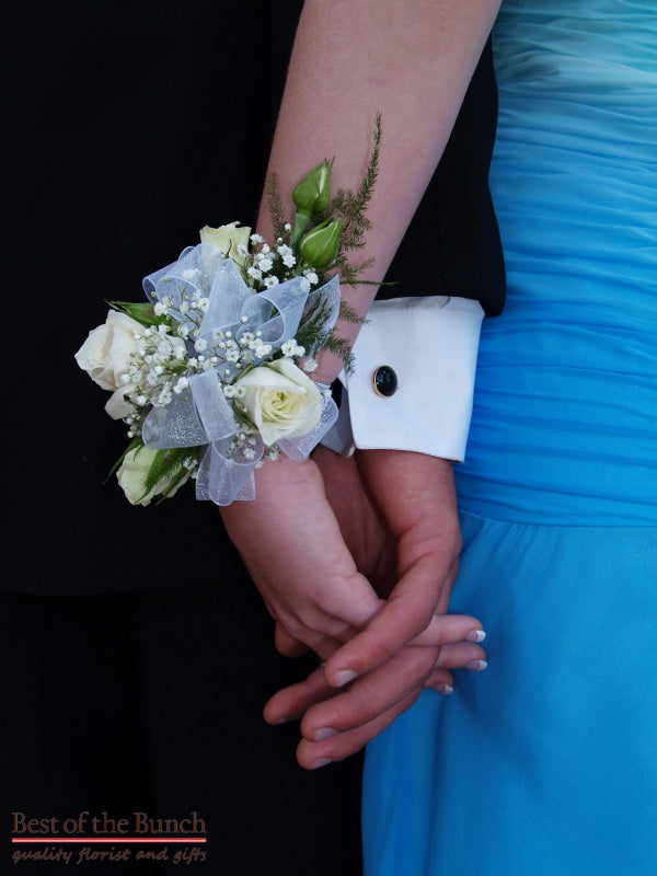 Wrist Corsage Soft Aqua - Best of the Bunch Florist Wellington