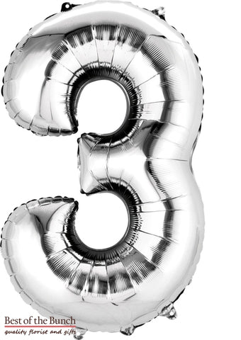 Giant XXL Extra Large Number 3 Silver Foil Helium Balloon 86cm (34") - Best of the Bunch Florist Wellington