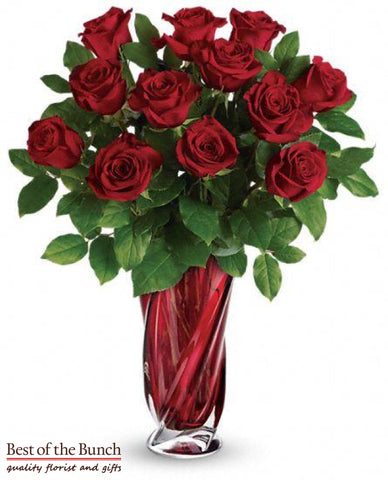 12 Long Stemmed Red Roses With Vase (40cm) - Best of the Bunch Florist Wellington