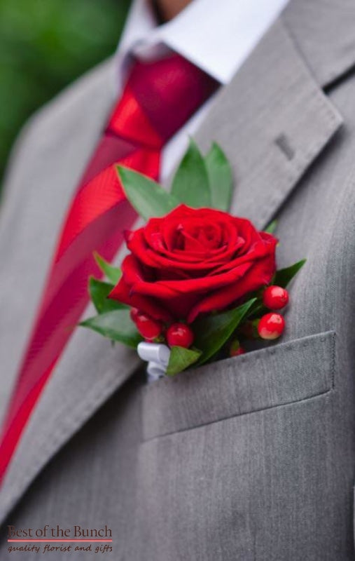 Buttonhole Crimson - Single flower Buttonhole (Boutonniere) - Best of the Bunch Florist Wellington