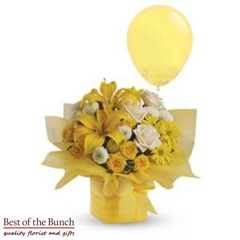 Flower Box Bouquet Sunshine with Balloon - Best of the Bunch Florist Wellington