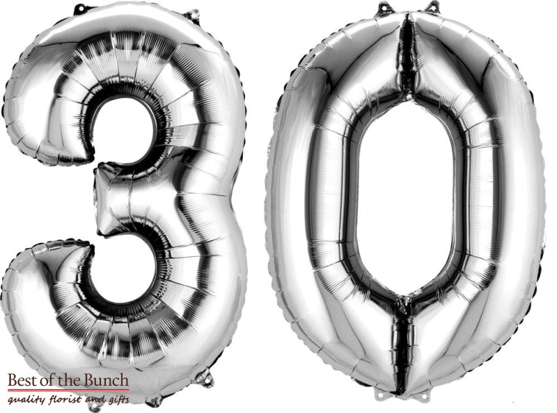 Giant XXL Extra Large Number 30 Silver Foil Helium Balloon 86cm (34") - Best of the Bunch Florist Wellington
