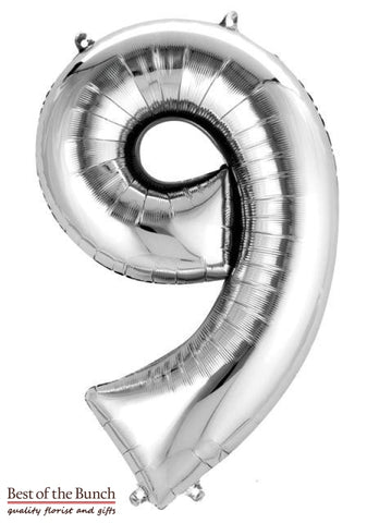 Giant XXL Extra Large Number 9 Silver Foil Helium Balloon 86cm (34") - Best of the Bunch Florist Wellington
