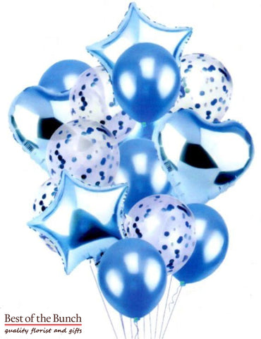 Pale Blue Helium Balloon Bouquet of Mixed Foil, Latex & Confetti Balloons - Best of the Bunch Florist Wellington