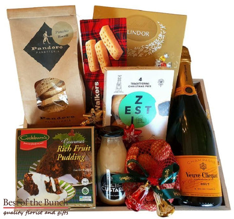 Christmas Grande Gift Basket Puddings Mince Pies & Traditional Treats with Wine or Drinks - Best of the Bunch Florist Wellington
