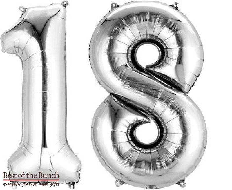 Giant XXL Extra Large Number 18 Silver Foil Helium Balloon 86cm (34") - Best of the Bunch Florist Wellington