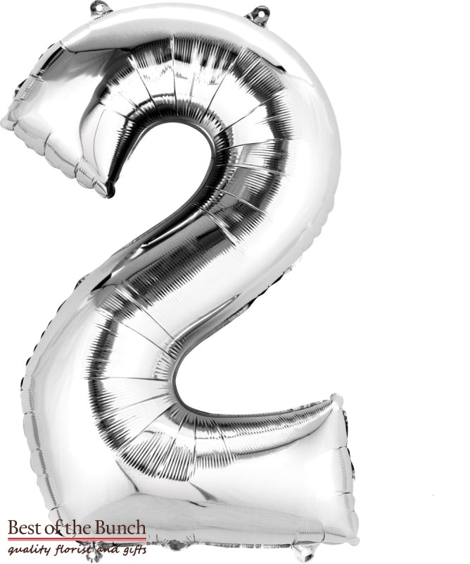 Giant XXL Extra Large Number 2 Silver Foil Helium Balloon 86cm (34") - Best of the Bunch Florist Wellington