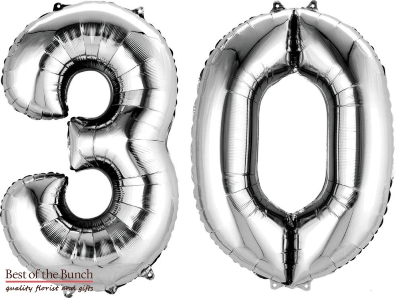 Giant XXL Extra Large Number 30 Silver Foil Helium Balloon 86cm (34") - Best of the Bunch Florist Wellington