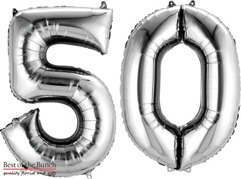 Giant XXL Extra Large Number 50 Silver Foil Helium Balloon 86cm (34") - Best of the Bunch Florist Wellington