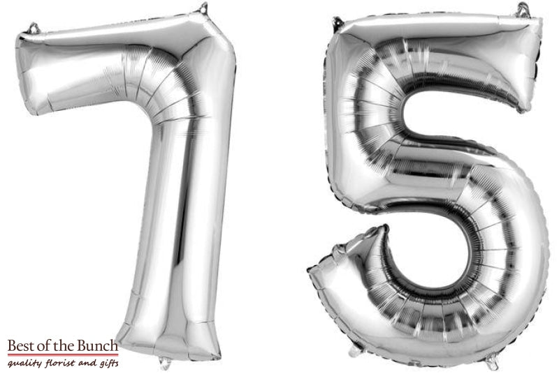 Giant XXL Extra Large Number 75 Silver Foil Helium Balloon 86cm (34") - Best of the Bunch Florist Wellington