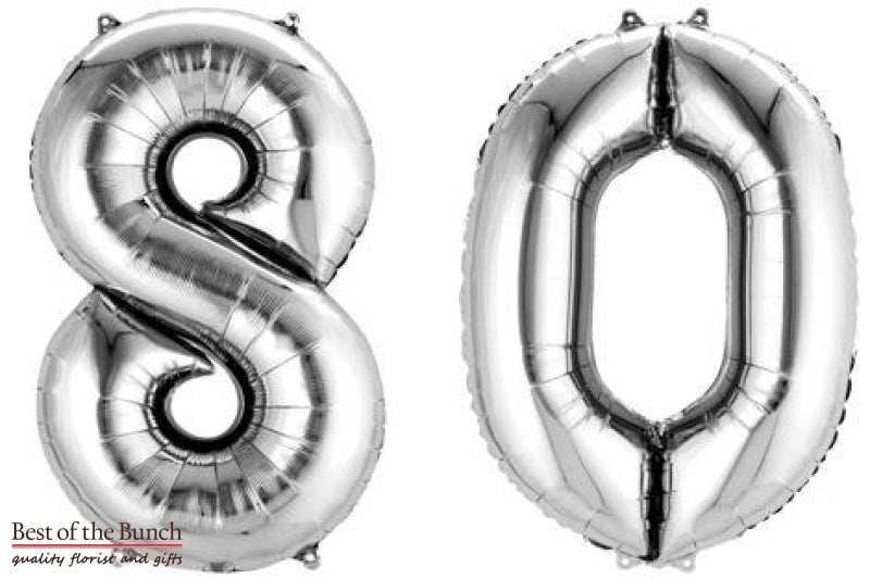 Giant XXL Extra Large Number 80 Silver Foil Helium Balloon 86cm (34") - Best of the Bunch Florist Wellington