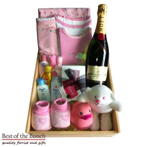 Gift Box New Baby Girl With Moet French Champagne - Best of the Bunch Florist Wellington
