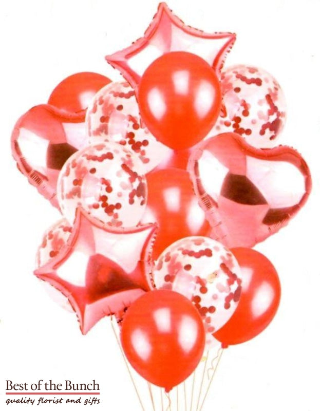 Red Helium Balloon Bouquet of Mixed Foil, Latex & Confetti Balloons - Best of the Bunch Florist Wellington